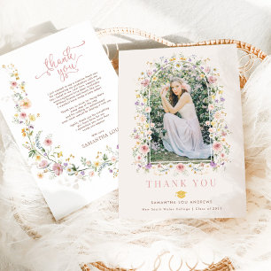 Cartão De Agradecimento Foto de Graduação Feminina de Flores Selvagens