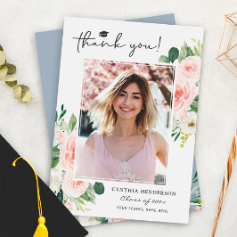 Cartão De Agradecimento Foto de Graduação Floral Cor-de-Rosa-Esbranquiçada