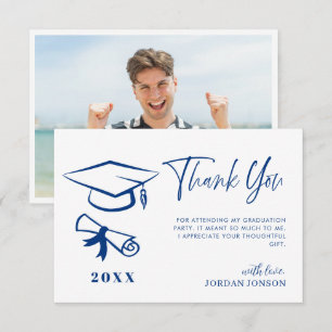 Cartão De Agradecimento Foto de Graduação Moderna Minimalista Azul Branco