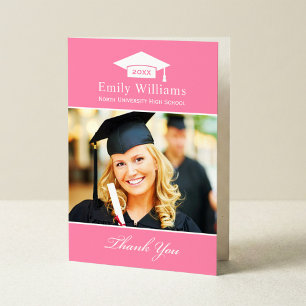 Cartão De Agradecimento Foto de Graduação Personalizada Rosa Elegante