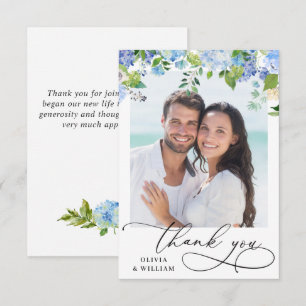 Cartão De Agradecimento Foto de Hortênsia Azul em Aquarela Elegante