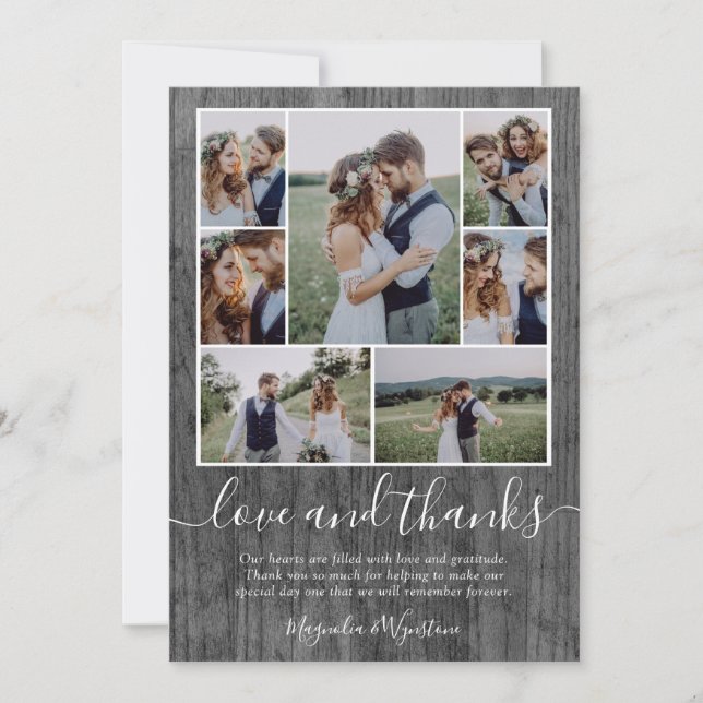 Cartão De Agradecimento Foto de madeira Colagem Amar e Obrigados Casamento (Frente)