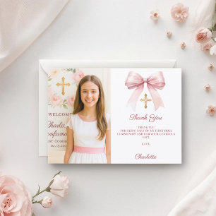 Cartão De Agradecimento Foto de menina com laço rosa Primeira Comunhão