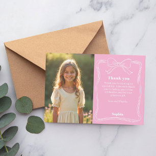 Cartão De Agradecimento Foto de menina cor-de-rosa de aniversário com laço