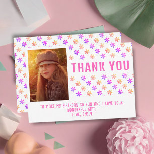 Cartão De Agradecimento Foto de Menina de Aniversário com Flores Cor-de-Ro