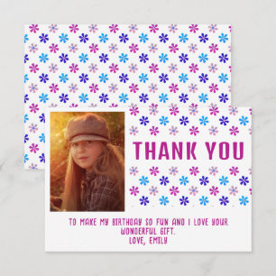 Cartão De Agradecimento Foto de Menina de Aniversário com Flores Cor-de-Ro