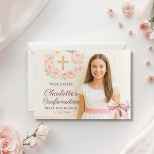 Cartão De Agradecimento Foto de menina laço rosa cruz Primeira Comunhão