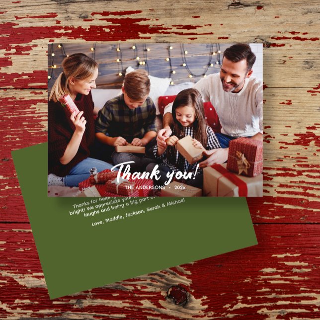 Cartão De Agradecimento Foto de Natal Verde Moderno Elegante (Criador carregado)