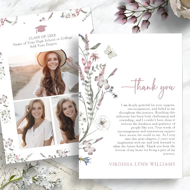 Cartão De Agradecimento Foto de Pastel Wildflower (Pastel Wildflowers Photo Thank You Card with Butterfly by Painted Paperie
)