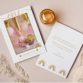 Cartão De Agradecimento Foto de primeiro aniversário Boho Rainbow em Pink 