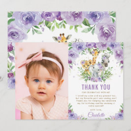 Cartão De Agradecimento Foto de primeiro aniversario Floral Roxo de Animai