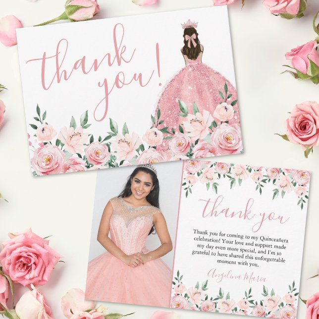 Cartão De Agradecimento Foto de Quinceañera, cor-de-rosa, elegante (Elegant Floral Pink Quinceañera Photo Thank You Card)