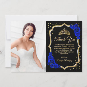 Cartão De Agradecimento Foto de Quinceanera em Azul Real Dourado Preto