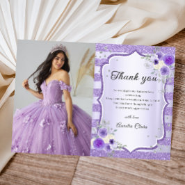 Cartão De Agradecimento Foto de Quinceanera Floral Purple