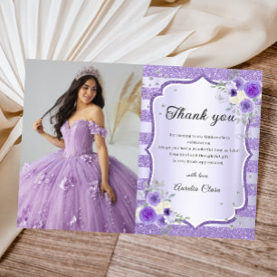 Cartão De Agradecimento Foto de Quinceanera Floral Purple