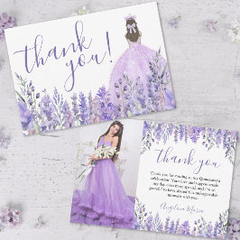 Cartão De Agradecimento Foto de Quinceañera Floral Purple Elegante
