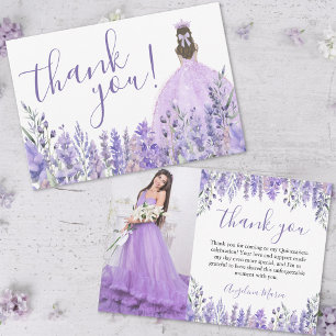 Cartão De Agradecimento Foto de Quinceañera Floral Purple Elegante