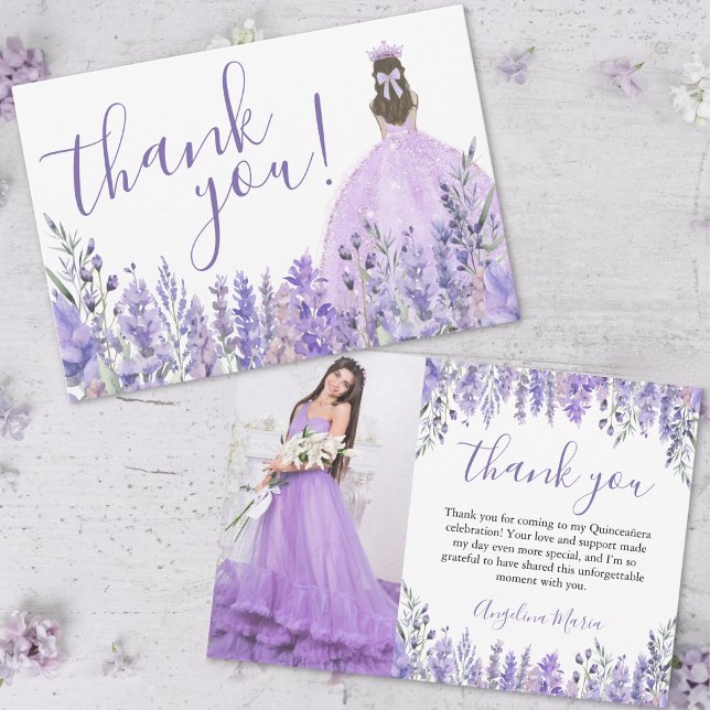 Cartão De Agradecimento Foto de Quinceañera Floral Purple Elegante (Elegant Floral Purple Quinceañera Photo Thank You Card)