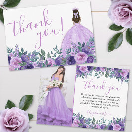 Cartão De Agradecimento Foto de Quinceañera Floral Purple Elegante