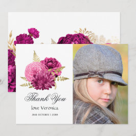 Cartão De Agradecimento Foto de Quinceañera Floral, Rosa-Quente e Dourada