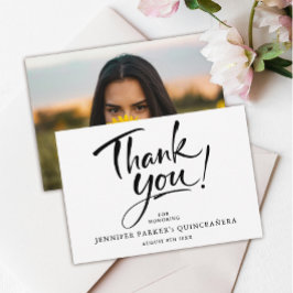 Cartão De Agradecimento Foto de Quinceañera Preta e Branca Moderna