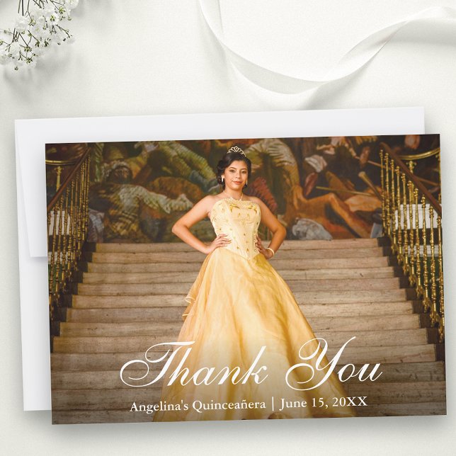 Cartão De Agradecimento Foto de Quinceañera, Script Elegante (Customize to add text to back of card.)