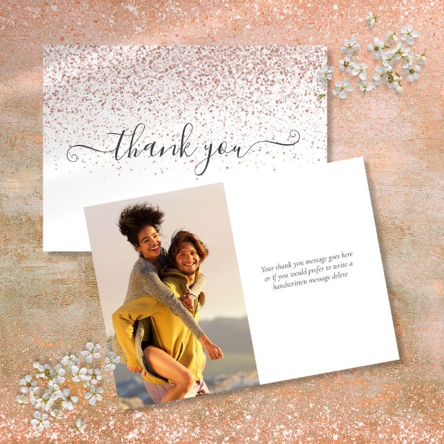 Cartão De Agradecimento Foto de Rótulo de Brilho Dourado Rosa Moderno Simp (Simple Modern Rose Gold Glitter Script Photo Thank You Card)