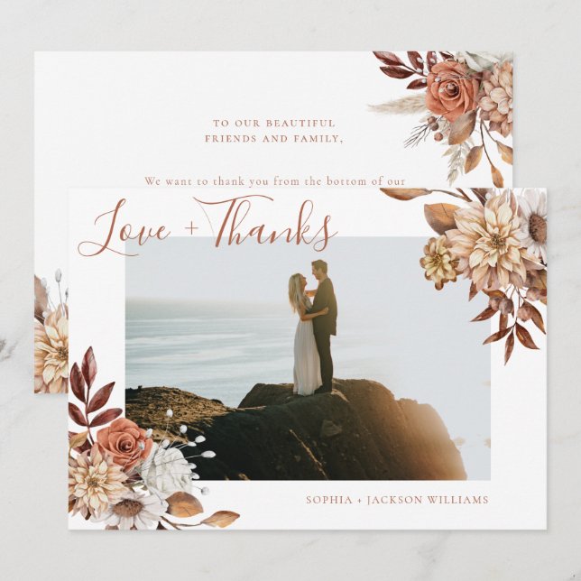 Cartão De Agradecimento Foto de Script Floral Elegante Terracotta (Frente/Verso)