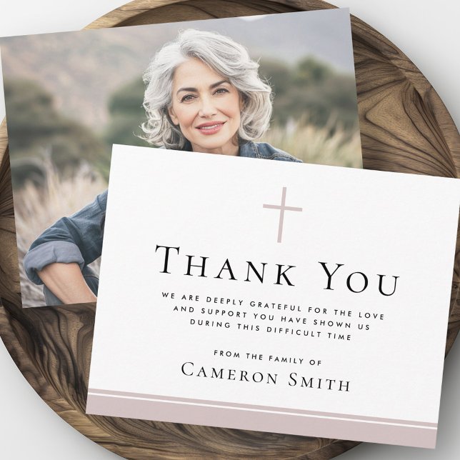 Cartão De Agradecimento Foto de simpatia fúnebre cruz taupe rosa (Rose taupe cross funeral sympathy photo thank you card)