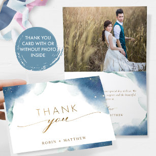 Cartão De Agradecimento Foto Dentro, Celestial Watercolor Casamento Dobrad
