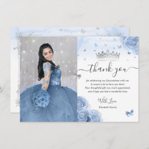 Cartão De Agradecimento Foto do aniversário da Quinceañera, prata azul-cla