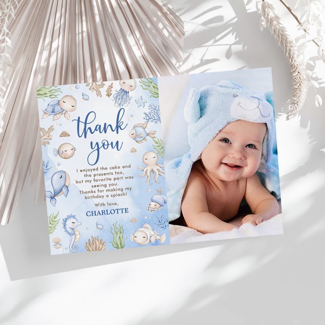 Cartão De Agradecimento Foto do aniversário infantil sob o mar (Criador carregado)