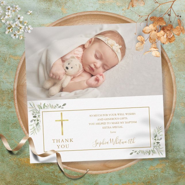 Cartão De Agradecimento Foto do Baptism Christening Greenery (Baptism Christening Greenery Photo Thank You Card)