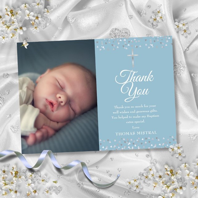 Cartão De Agradecimento Foto do Batismo Christening Silver Hearts (Baptism Christening Silver Hearts Photo Thank You Card)