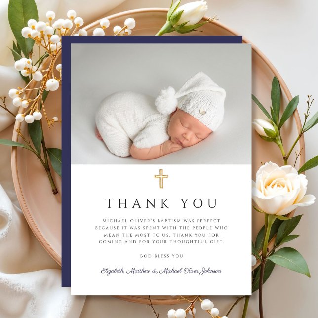 Cartão De Agradecimento Foto do Batismo do Marinho Elegante Blue Cross Boy (Elegant Navy Blue Cross Boy Baptism Photo Thank You Card)