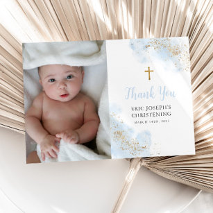 Cartão De Agradecimento Foto do Batismo Dourado de Cristo Azul com Cores-d