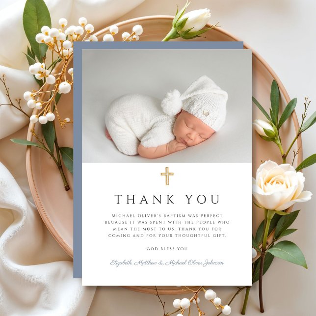 Cartão De Agradecimento Foto do Batismo Elegante Dusty Blue Cross Boy (Elegant Dusty Blue Cross Boy Baptism Photo Thank You Card)