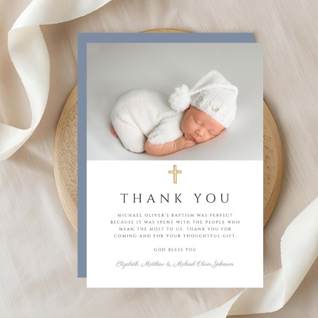 Cartão De Agradecimento Foto do Batismo Elegante Dusty Blue Cross Boy (Elegant Dusty Blue Cross Boy Baptism Photo Thank You Card)