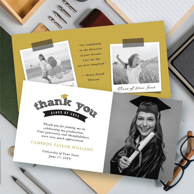 Cartão De Agradecimento Foto do Boné de formatura de desenho preto (Black Typography Bold Sketch Graduation Cap Photo Thank You Card @ fatfatin)
