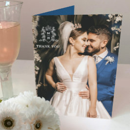 Cartão De Agradecimento Foto do casamento branco azul do coração da coroa