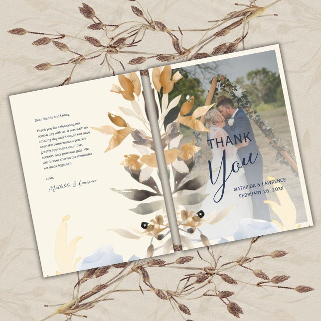 Cartão De Agradecimento Foto do Casamento no inverno de Folhagem Azul Dour (Boho Gold Dusty Blue Foliage Winter Wedding Photo Thank You Card)