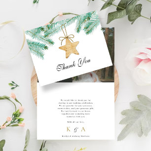 Cartão De Agradecimento Foto do Casamento no inverno Watercolor Pine Bough