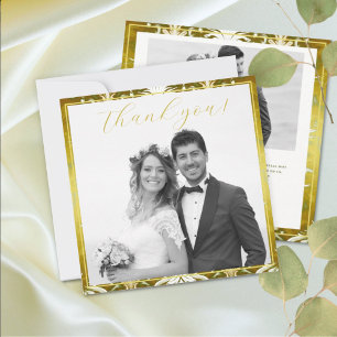 Cartão De Agradecimento Foto do Casamento tema damasco Verde RetroDourado