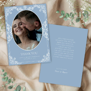 Cartão De Agradecimento Foto do Casamento vintage de Borda Formal Azul Ele