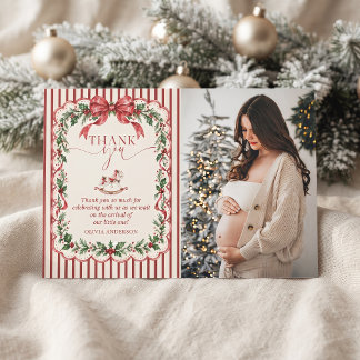 Cartão De Agradecimento Foto do Chá de Bebê de Natal com Faixa Vermelha