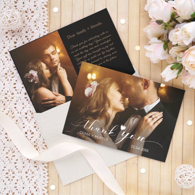 Cartão De Agradecimento Foto do Dourado Casamento 2 do Script Chic Elegant (Elegant Chic Script Gold Wedding 2 Photo Thank You Card)