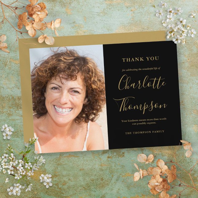 Cartão De Agradecimento Foto do Funeral Memorial Elegante Dourada (Elegant Gold Memorial Funeral Photo Thank You Card)