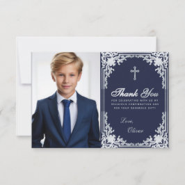Cartão De Agradecimento Foto do Marinho de confirmação Blue Silver Vintage