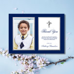 Cartão De Agradecimento Foto do Marinho de Confirmação do Batismo Comunitá<br><div class="desc">Cartões de agradecimentos encantadores e modernos,  com Foto para Primeira Comunhão Sagrada,  Batismo/Cristo,  cerimônia religiosa de confirmação. Marinho azul com listras brancas e cruz prateada fiel com moldura.</div>