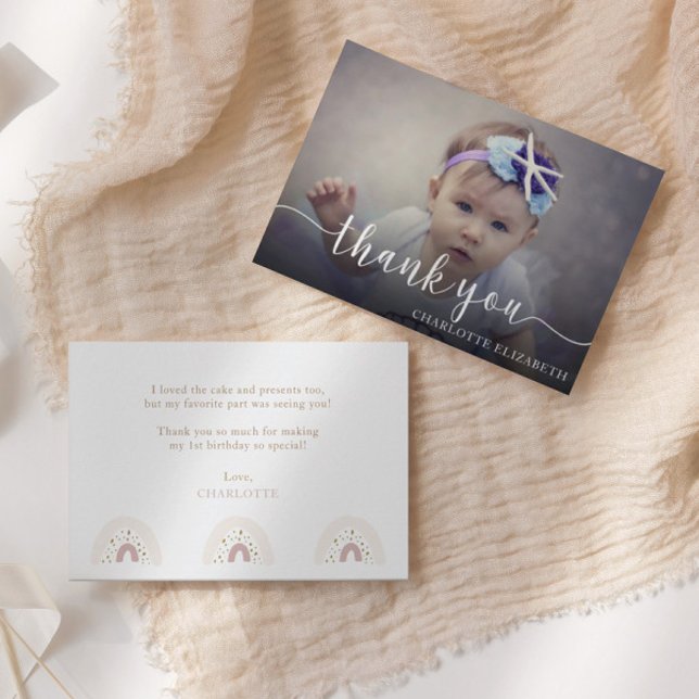 Cartão De Agradecimento Foto do Primeiro Aniversário do Script Elegante Mo (Criador carregado)